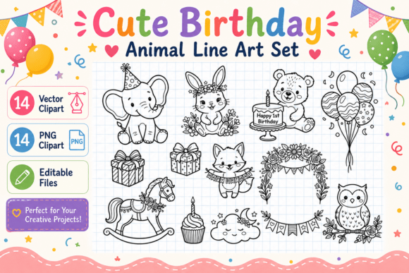 Cute Birthday Animal Line Art Set: Elevating DIY Celebrations with Versatile Digital Design