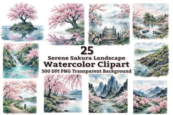 Serene Sakura Landscape Clipart: Elevating Digital Crafts with Watercolor Elegance