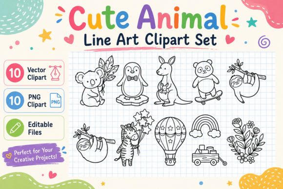 Unleash Creativity with the Cute Animal Line Art Clipart Set