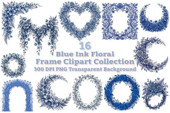 Vintage Blue Ink Floral Frame Clipart: Elevating Digital Design with Classic Elegance