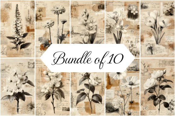 Vintage Botanical Paper Bundle: 10 Digital Sheets