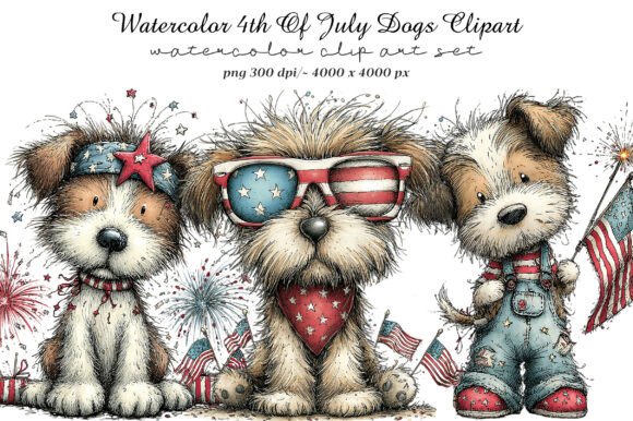 Watercolor 4th of July Dogs Clipart